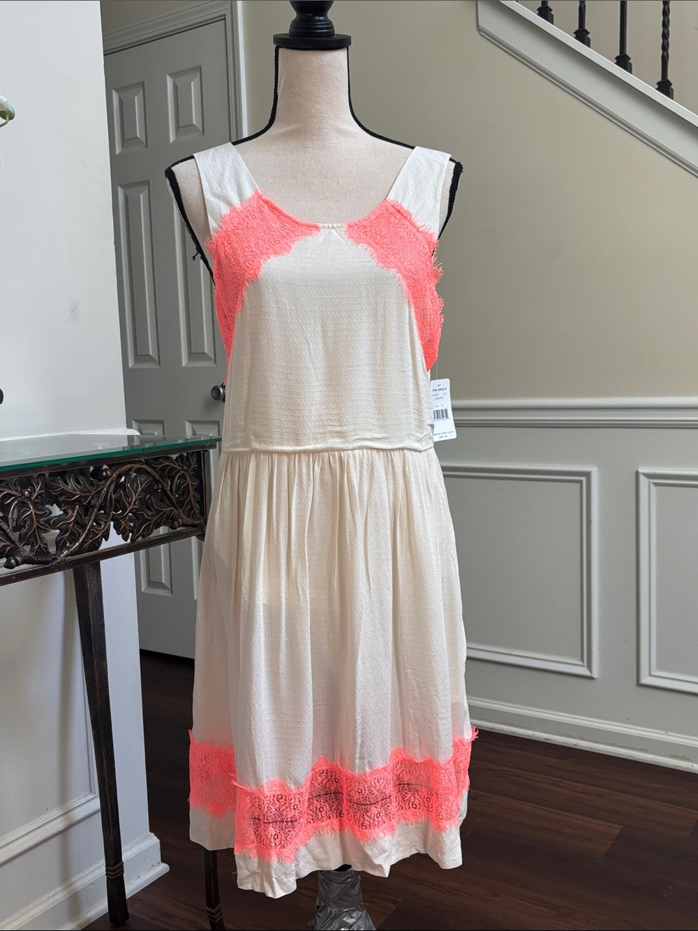 NWT Free People Cream Midi Dress with Orange Lace Trim size 12